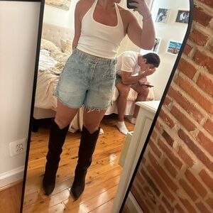 White Halter Top and Denim Shorts